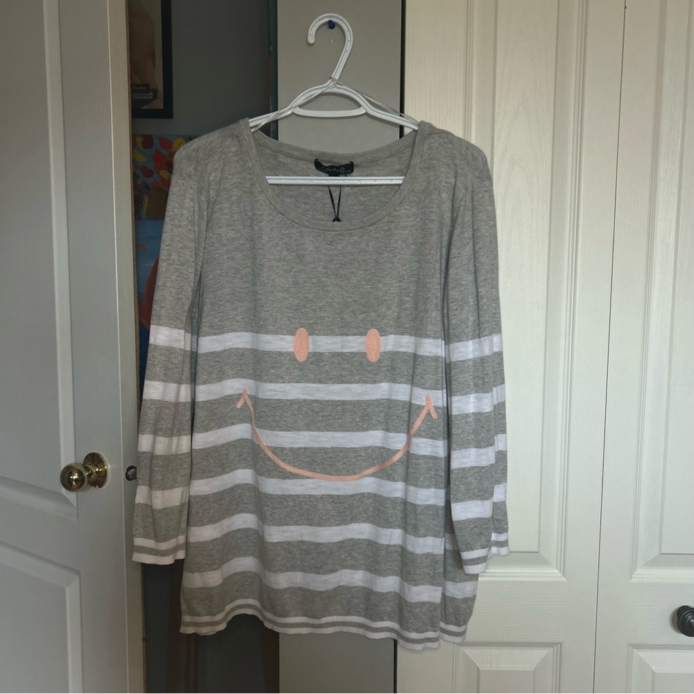 CHARLIE B Gray & White Striped Scoop Neck Sweater with Pink Smile
